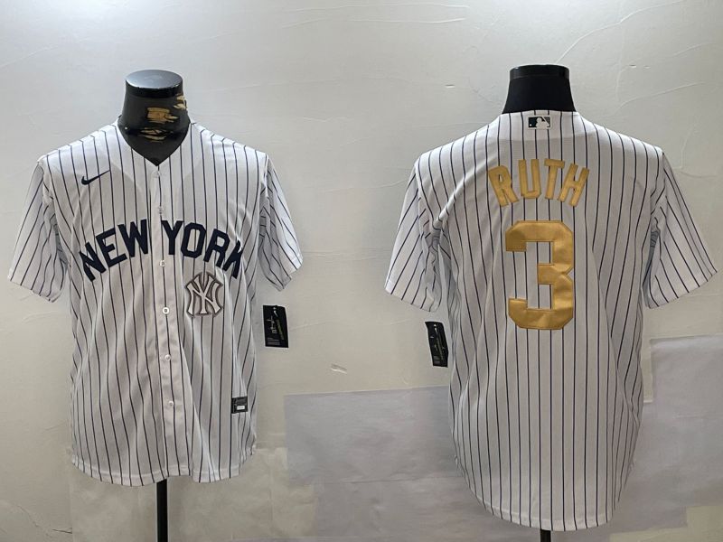 Men New York Yankees #3 Ruth White Stripe Fashion Nike 2024 MLB Jersey style 4